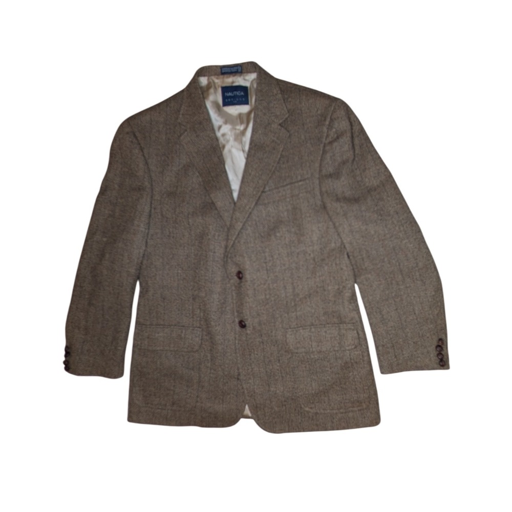 Nautica Options Wool Blazer Brown Herringbone‎ Mens 44R Sport Coat Jacket